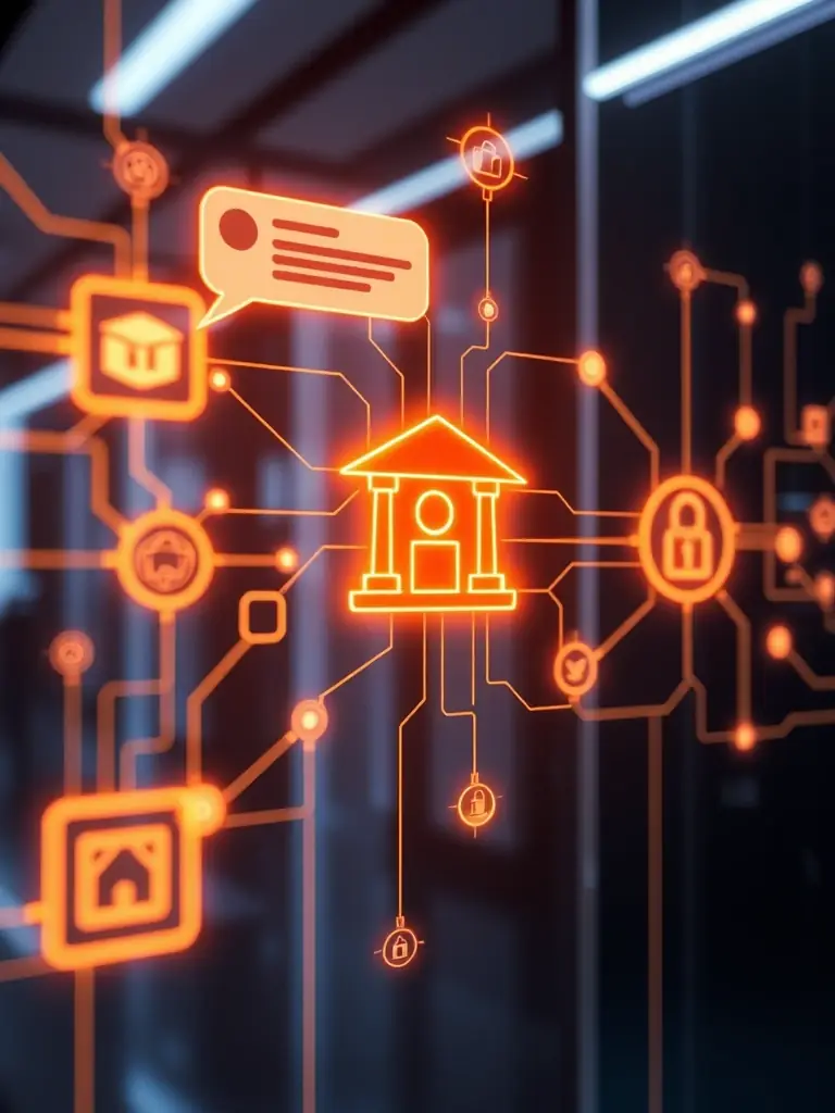 A detailed illustration of the NBK chatbot integrating with a bank's existing system, showing data flow and secure connections.