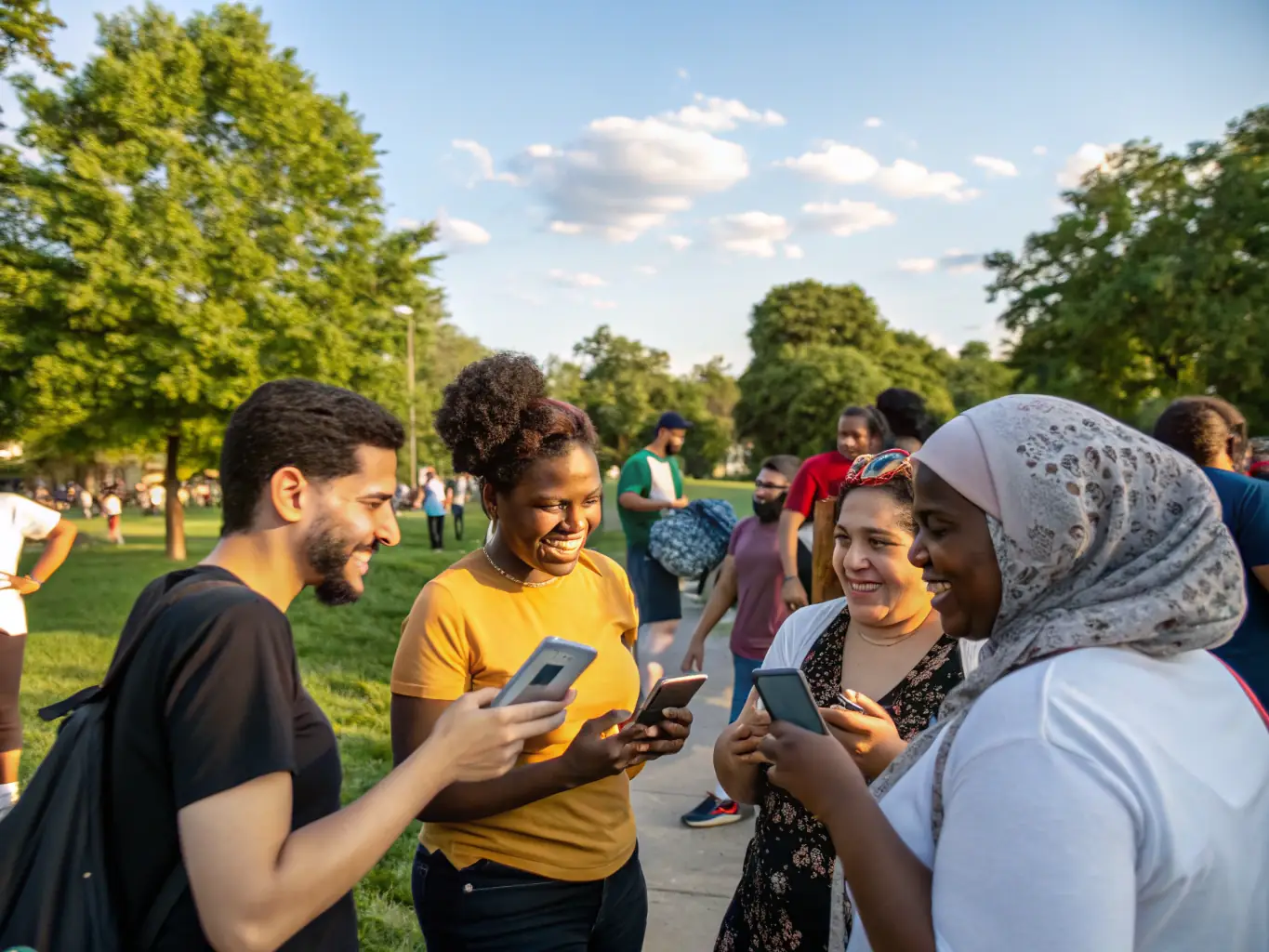 A visually appealing image of a diverse group of people using various messaging apps on their smartphones, representing the accessibility and convenience of NBK Chatbot solutions.