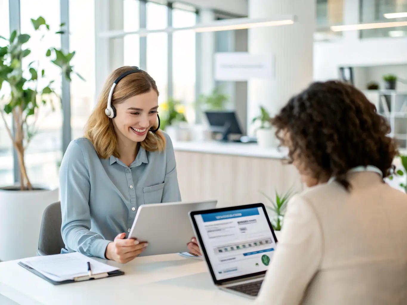 An image showcasing a bank representative interacting with a customer via a chatbot on a smartphone, demonstrating seamless customer service.