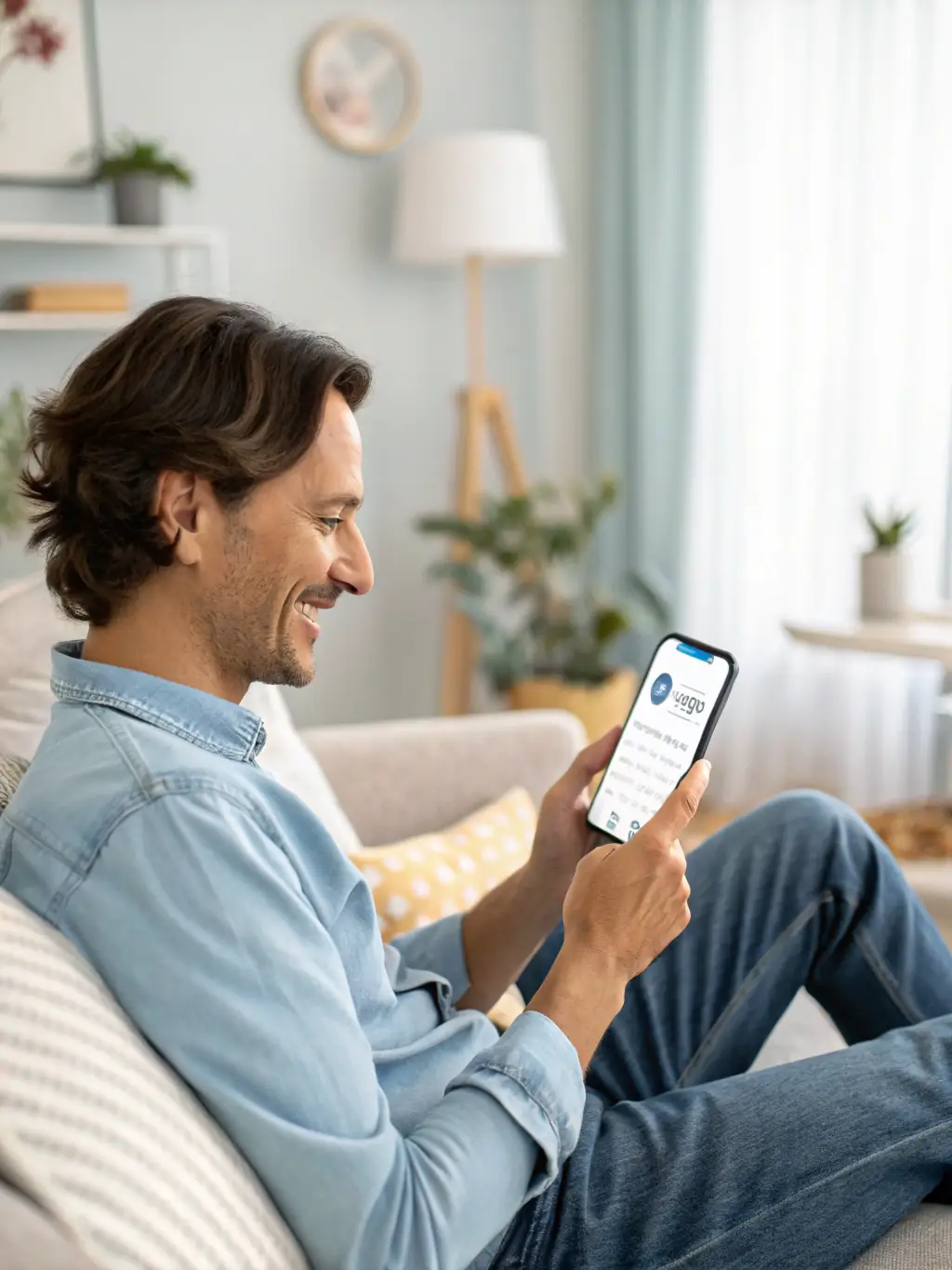 A close-up shot of a smartphone displaying a banking chatbot interface with a satisfied customer avatar, emphasizing 24/7 support.