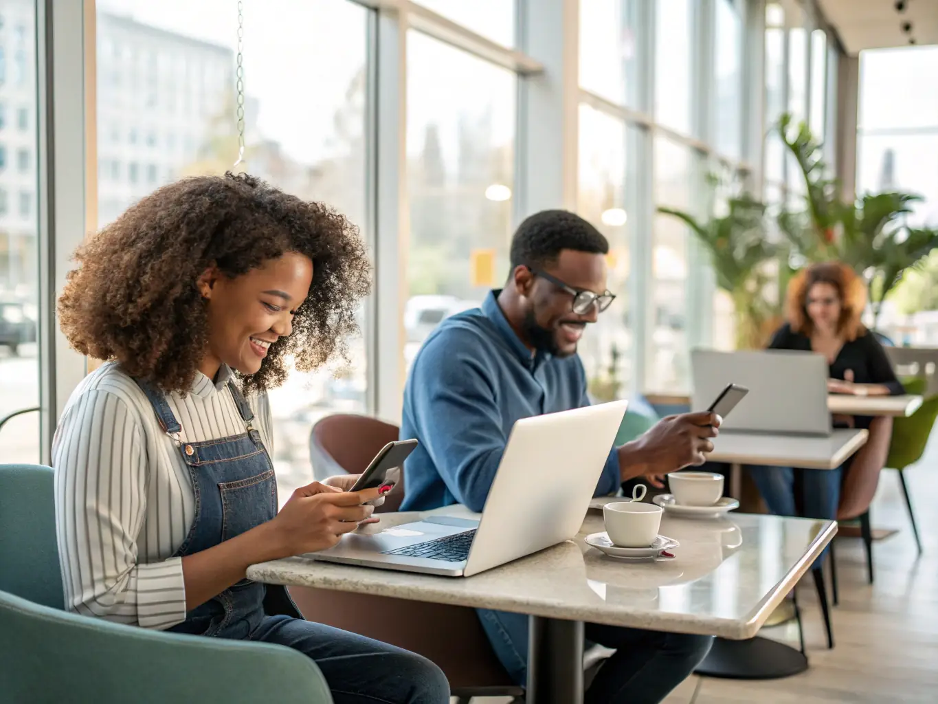 A diverse group of customers interacting with a chatbot on various devices, emphasizing accessibility and financial inclusion.